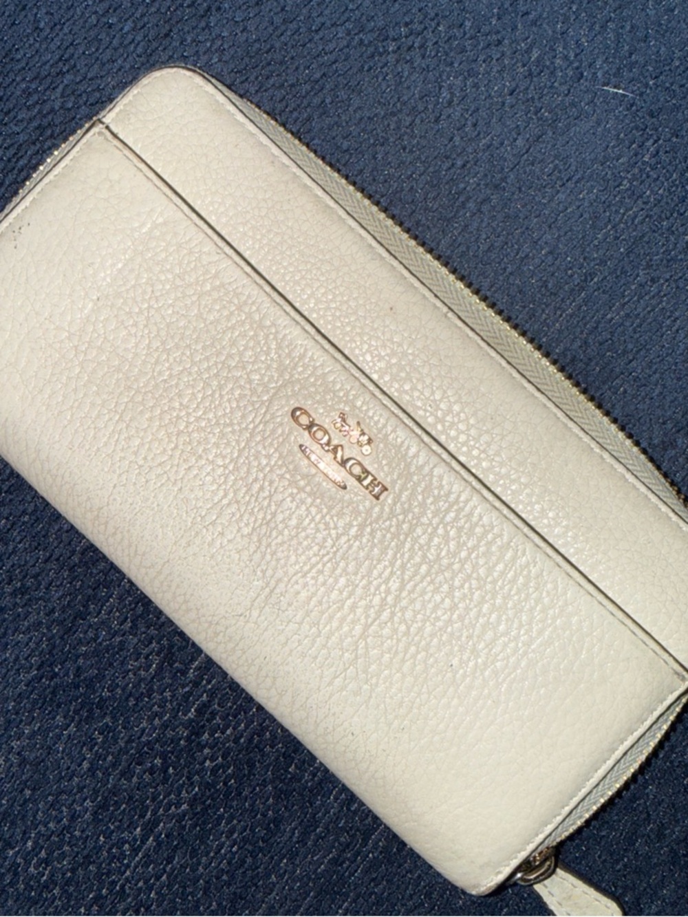 Coach Cream Pebbled Leather Zip-Around Wallet with Gold Logo